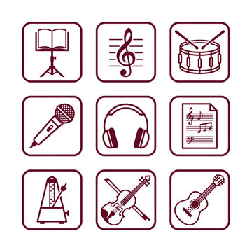 Collection of music-related icons including instruments, headphones, sheet music, and a microphone