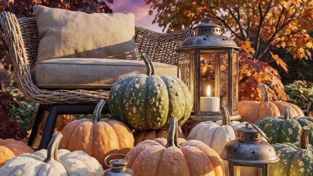Rustic wicker chair surrounded by glowing lanterns and decorative fall pumpkins in this warm outdoor autumn seasonal motion video clip