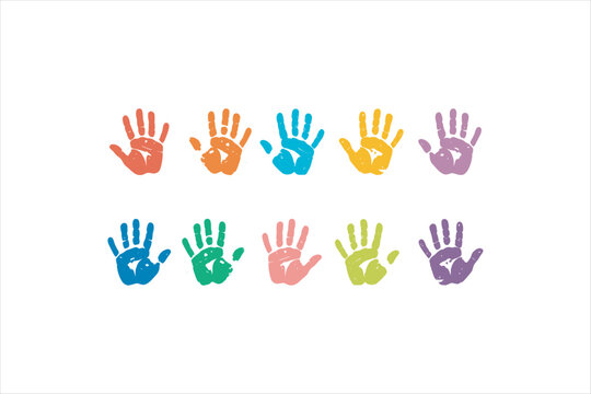 Colorful handprints set illustration in flat 2D style. Vector concept for kids art, diversity, unity, school, and hand paint creative.