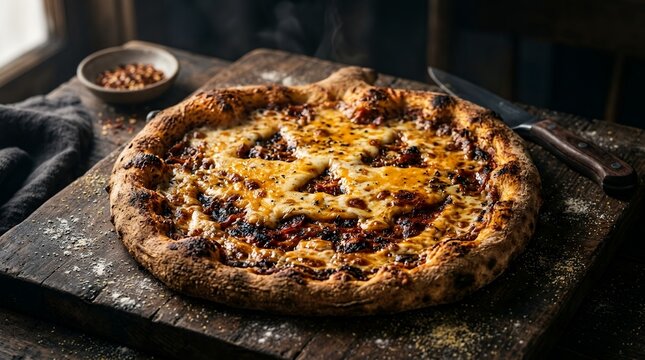 Delicious homemade pizza with melted cheese and toppings served on a rustic wooden board.