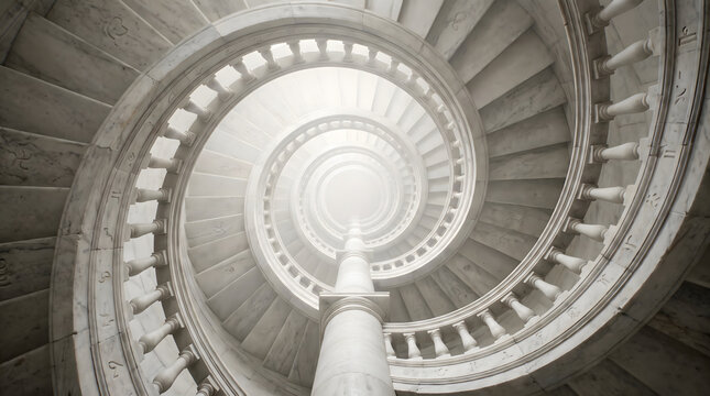 Elegant white marble spiral staircase spiraling down into a bright divine light source.