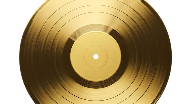 A single shiny gold vinyl record disc viewed from a top-down perspective, featuring circular grooves and a central label area on a dark background isolated on a transparent background