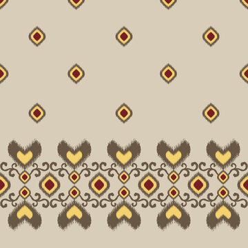 Ethnic Ikat Seamless Pattern Cream Red Yellow Diamond Heart Ogee Swirl Geometric Border Vector Design