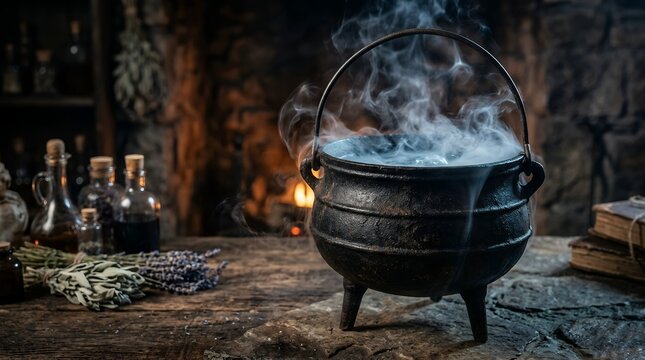 Mysterious bubbling cauldron in a witchs dimly lit laboratory with potions and herbs.