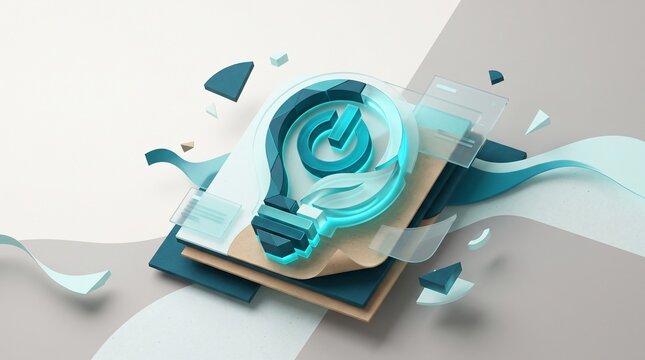 Lightbulb icon with an integrated power switch rests on layered abstract elements.