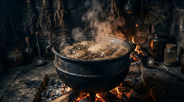 Mysterious bubbling cauldron over a crackling fire in a dark rustic setting.