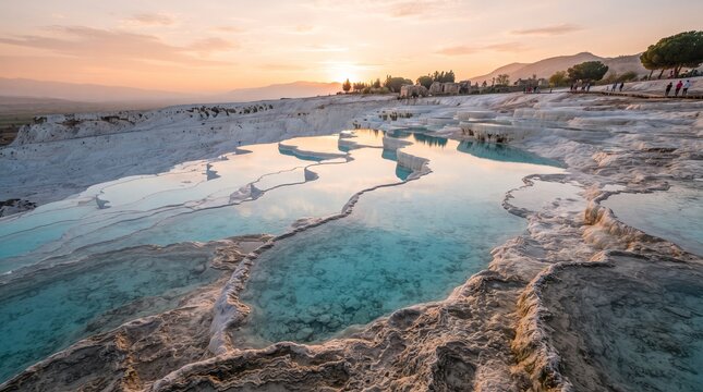 Natural travertine terraces with turquoise mineral pools in a scenic outdoor setting