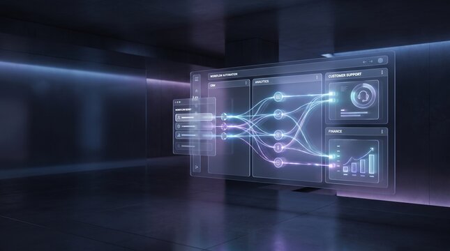 Advanced SaaS business platform dashboard with neural network and glowing data nodes in modern office