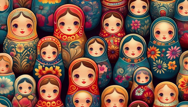 seamless pattern features colorful russian nesting dolls dressed in traditional floral patterned outfits