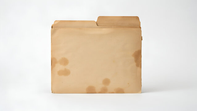 Old vintage manila file folder with stains and worn edges isolated on white background