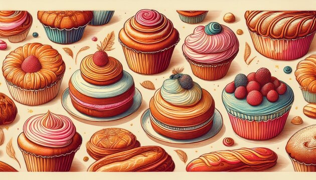 charming sketched bakery pattern delightful pastries muffin pastry retro