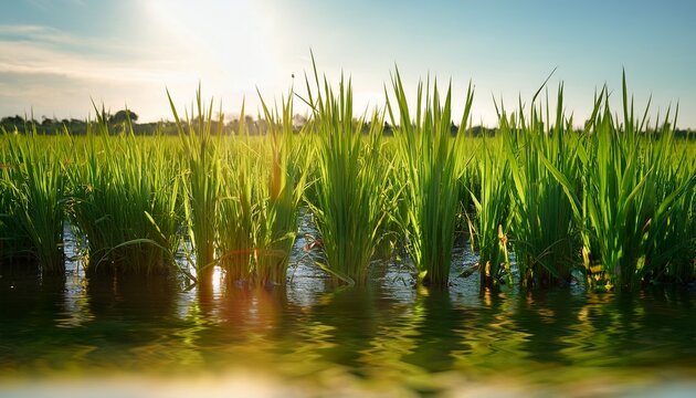 rice plant growing in flooded paddy field agricultural scene with lush green crop and water reflection