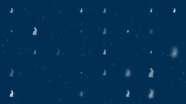 Template animation of evenly spaced rabbit symbols of different sizes and opacity. Animation of transparency and size. Seamless looped 4k animation on dark blue background with stars