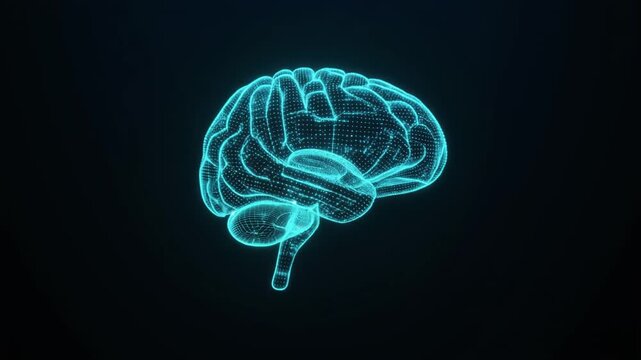 Digital Brain Wireframe Forming From Glowing Particles, Artificial Intelligence Concept