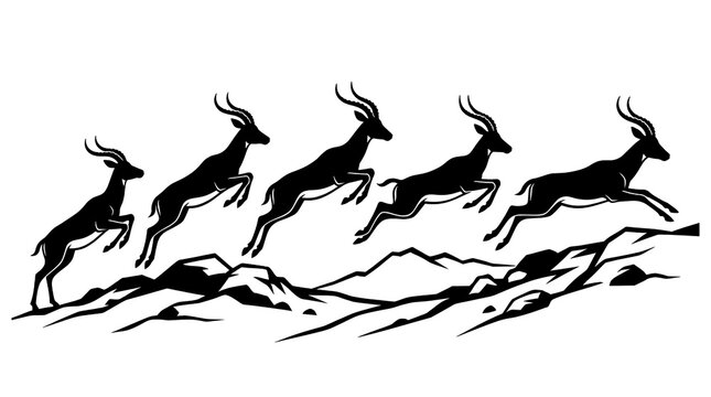 Silhouette of five antelopes jumping over rocks on white background