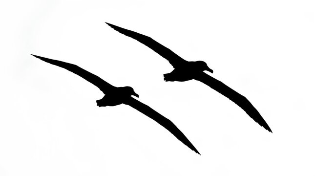 Silhouette of two albatrosses flying against white sky