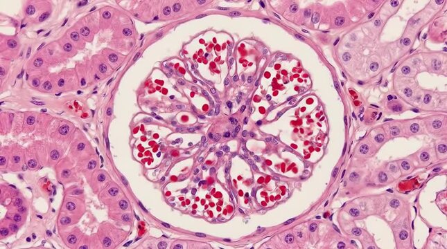 Microscopic view of blood cell dispersion in kidney tissue