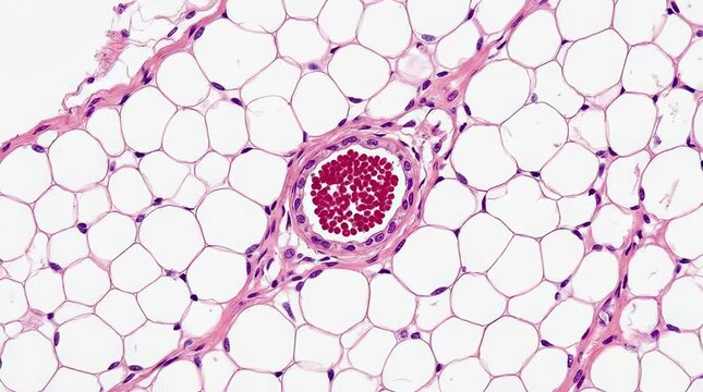 Microscopic view of blood cells in adipose tissue