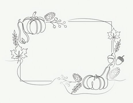 Minimalist line art autumn harvest border featuring pumpkins leaves and acorns in elegant continuous monoline vector style for seasonal decoration