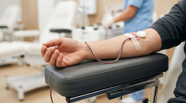 medical blood donation procedure showing a person's arm connected to a blood bag with a needle and tubing in a healthcare facility
