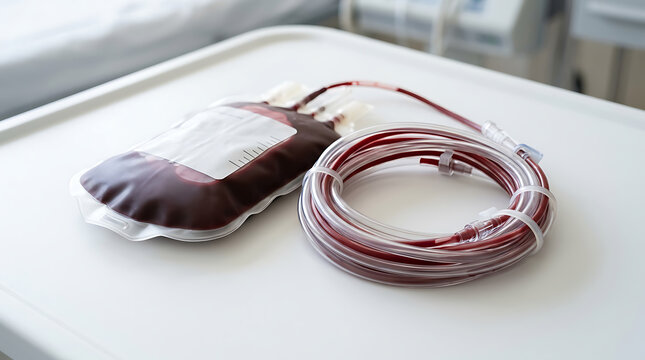 Blood transfusion kit with blood bag and tubing on hospital medical table for patient treatment