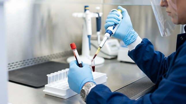 Laboratory scientist conducting blood tests with precision and modern equipment in a clean clinical environment