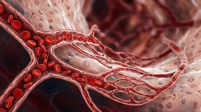 Intricate close-up of blood vessels and capillaries within the human circulatory system highlighting vascular complexity