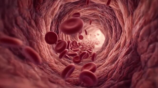 Red blood cells flowing through a blood vessel