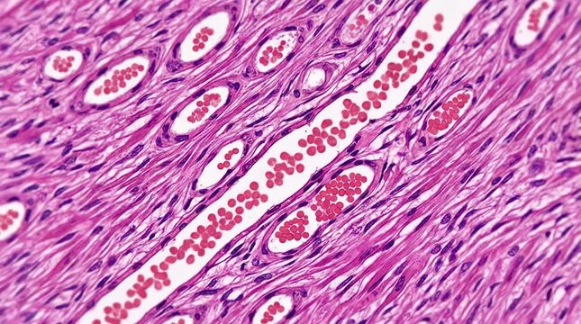 Red blood cells flowing through a microscopic vessel