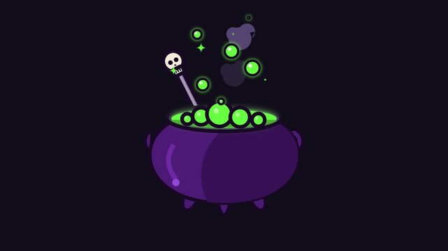 Halloween witch's cauldron with boiling green potion and skull spoon animation, spooky magic potion bubbling in pot, flat 2d vector illustration loop
