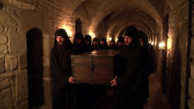 A group of black-robed Orthodox monks solemnly carrying a wooden coffin through a dimly lit, arched stone corridor lined with candles, evoking a sense of reverence and tradition in a historical settin
