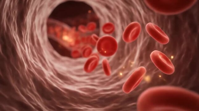 Red blood cells flowing through human blood vessel