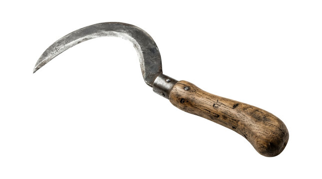 vintage sickle agricultural tool with wooden handle.