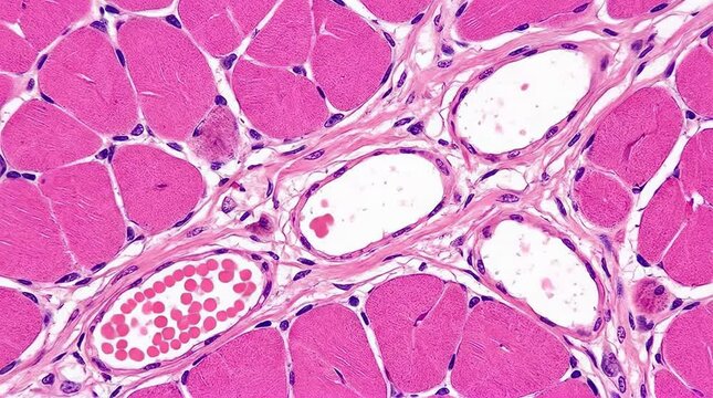 Red blood cells flowing through microscopic vessel
