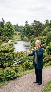 Senior East Asian Woman Playing Trombone in Natural Setting