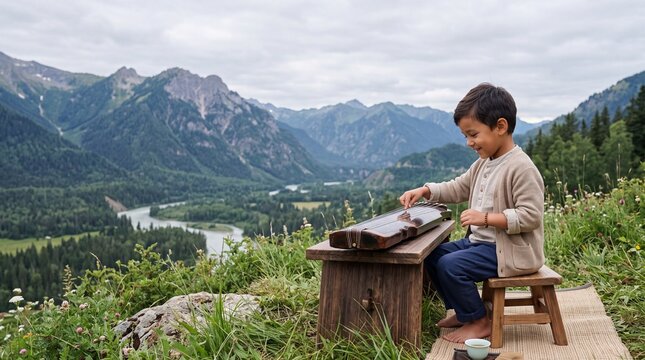 Cute Young Boy Playing Chinese Guqin In Natural Landscape