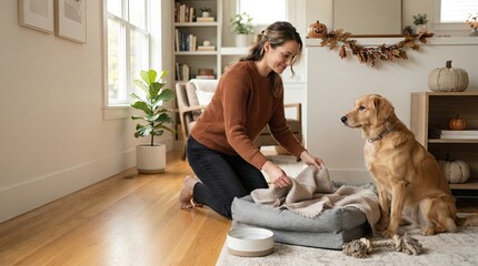 Naklejka na ściany i meble Caring woman making a cozy bed for her golden retriever dog in a bright home