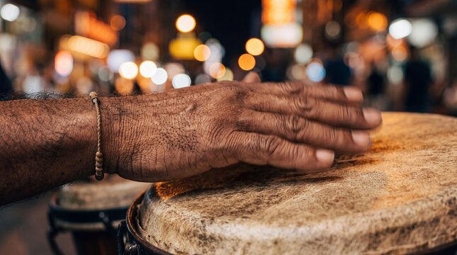 Southeast Asian Man Playing Bongo Drums Macro Close-up
