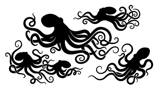 Black octopus silhouettes set on white background