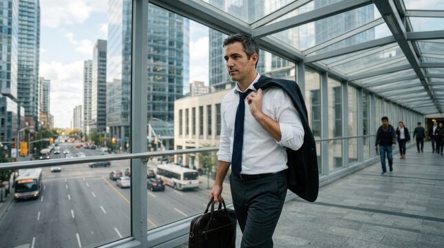 businessman walking on city skywalk bridge carrying jacket over shoulder