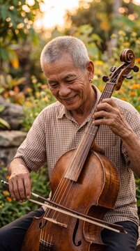 Elderly Southeast Asian man playing treble viola da gamba at sunset