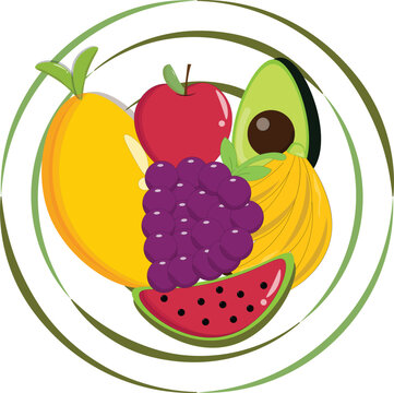 Healthy lifestyle fresh organic fruit assortment with mango avocado apple grapes and watermelon slice in green circular frame