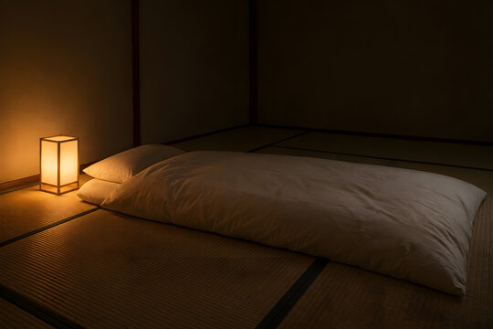 Futon on tatami floor with paper andon lamp at night