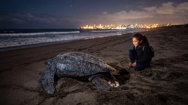 Girl Watching Leatherback Sea Turtle Nesting On Beach