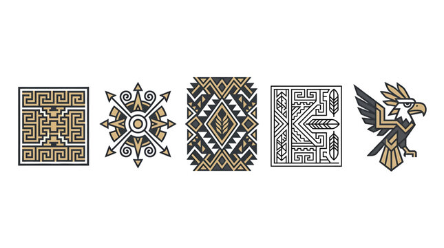 Tribal geometric vector elements, ethnic aztec pattern set, indigenous mexican and native american style ornaments, 5 decorative gold and black icons