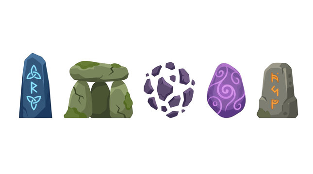 Ancient magic rune stones and mystical monoliths set. Fantasy game assets with stonehenge dolmen, glowing runes, and floating crystals.