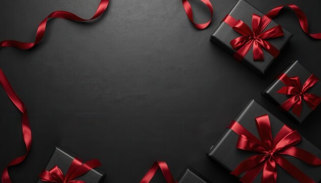 Gift Boxes with Red Ribbons: Elegant black gift boxes adorned with lustrous red ribbons are artfully arranged on a dark surface, creating a festive and sophisticated backdrop.