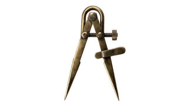 Vintage brass drafting compass tool stands upright against a plain white background for engineering and architectural design projects.