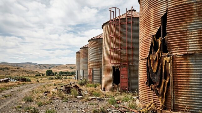 Abandoned Rusty Grain Silos in Rural Landscape with Cloudy Sky