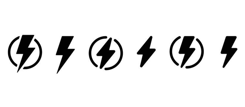 Black Lightning Bolt Power Energy Icons. Electric Flash Symbol. Vector Illustration.